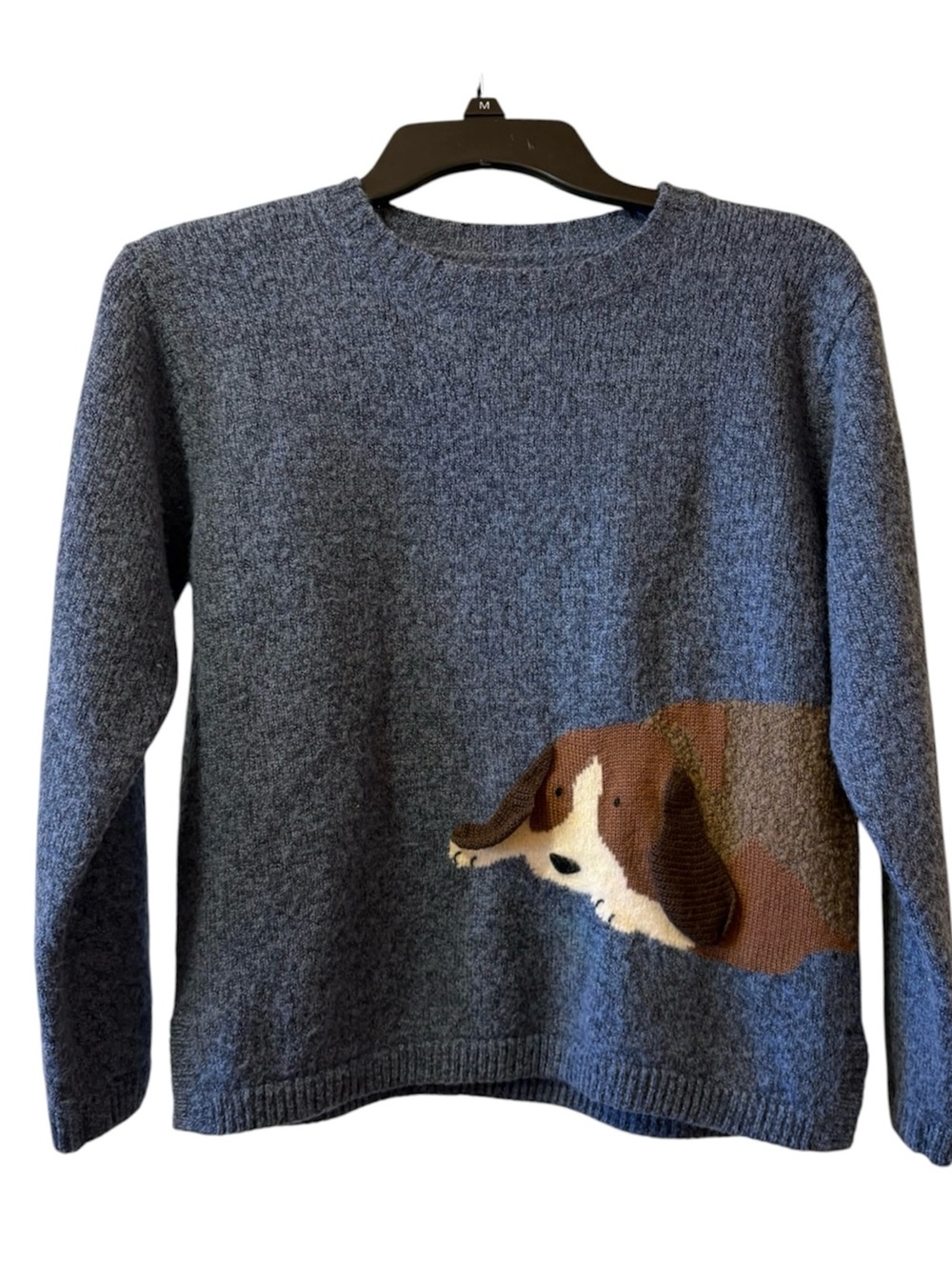 Adorable Women’s Blue Crewneck Sweater with Dog on it.